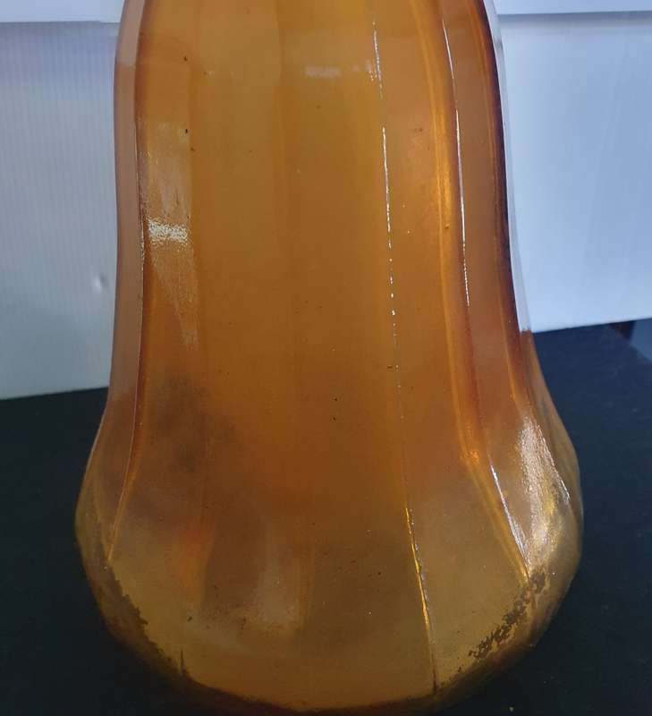 70CM HIGH ANTIQUE AMBER GENIE BOTTLE. SCARCE FIND !! STUNNING DETAIL !