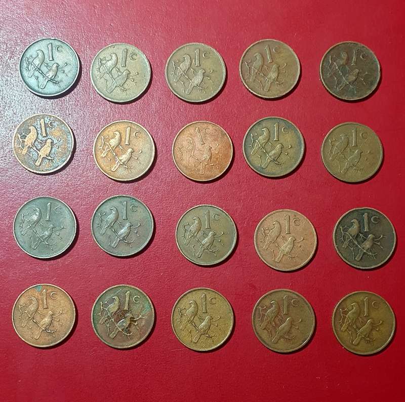 20 X 1966  RSA ONE CENT COINS . UNC TO CIRC. ONE BID FOR ALL.