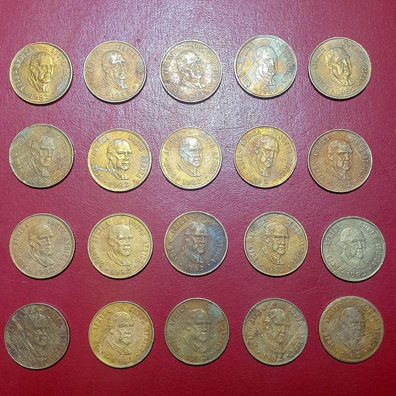 20 X 1982 RSA 0NE CENT COINS . UNC TO CIRC. ONE BID FOR ALL.