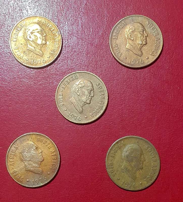 5 X 1976  RSA 0NE CENT COINS . UNC TO CIRC. ONE BID FOR ALL.