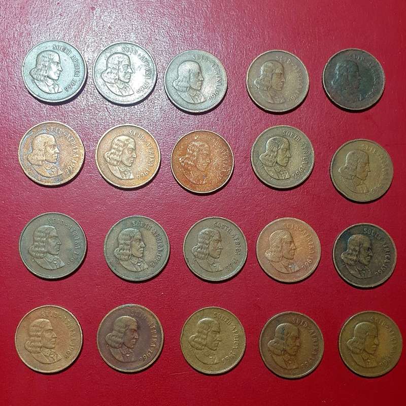 20 X 1966  RSA ONE CENT COINS . UNC TO CIRC. ONE BID FOR ALL.