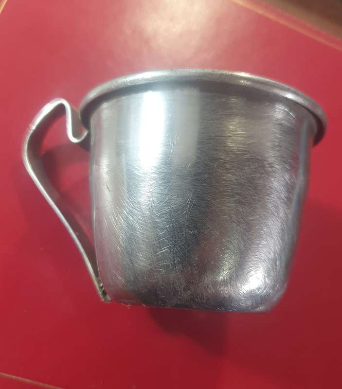 VINTAGE STAINLESS STEEL EMBOSSED BABY CUP. SCARCE FIND !!