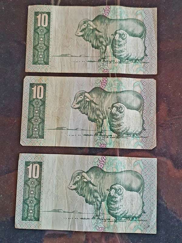 3 X GERHARD DE KOCK TEN RAND NOTES.