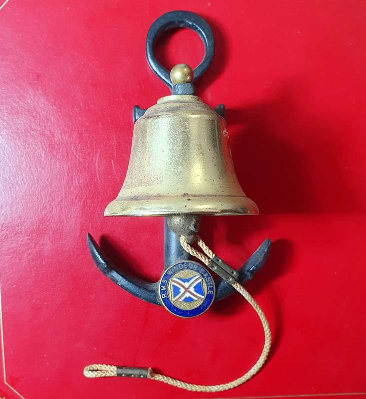 ANTIQUE ANCHOR CAST IRON AND BRASS BELL. R.M.S. WINSTON CASTLE SHIP.