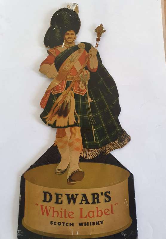 VINTAGE DEWARS WHITE LABEL SCOTCH WHISKY METAL PRINTED SIGN. 50CM H X 23CM W