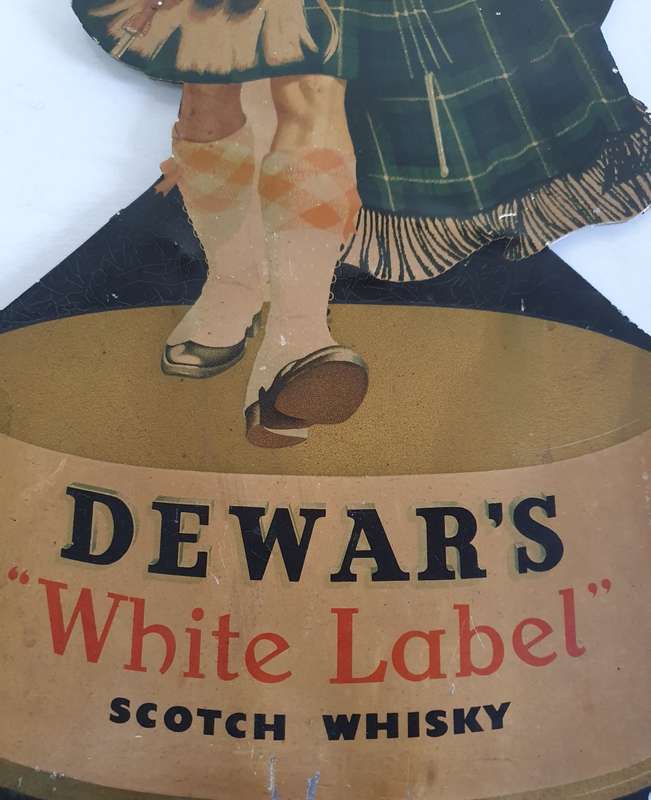 VINTAGE DEWARS WHITE LABEL SCOTCH WHISKY METAL PRINTED SIGN. 50CM H X 23CM W
