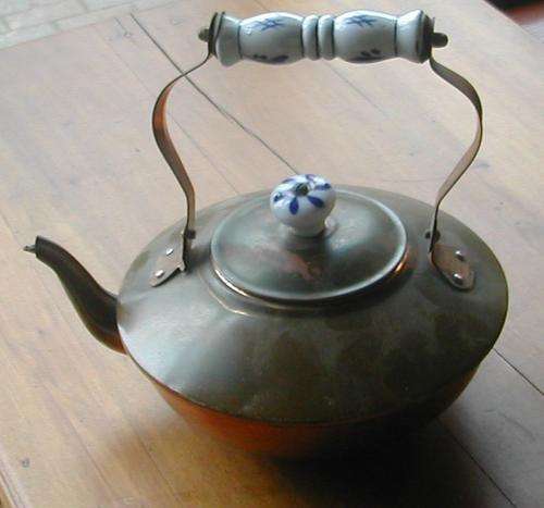 ANTIQUE TEA KETTLE WITH PORCELAIN HANDLE!