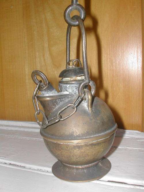 ANTIQUE BRASS OIL CONTAINER WITH MEASURE STICK.  RARE!!