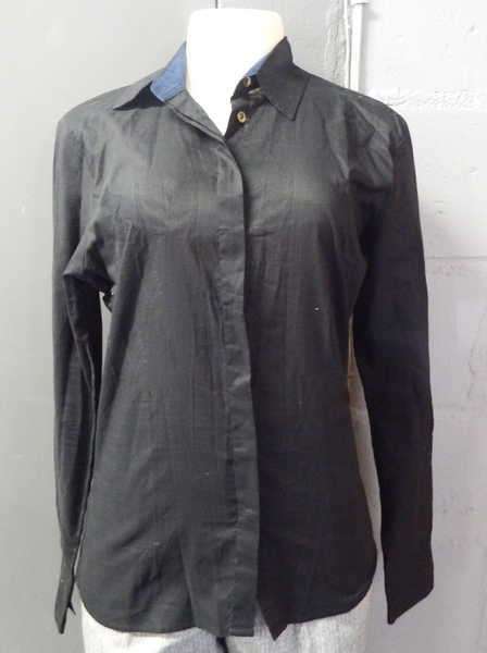 Blue Collar White collar black long sleeve ladies shirt - 100% cotton - Handmade - Size: Medium