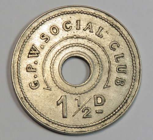 Goverment Printing works social club 1 1/2 penny token