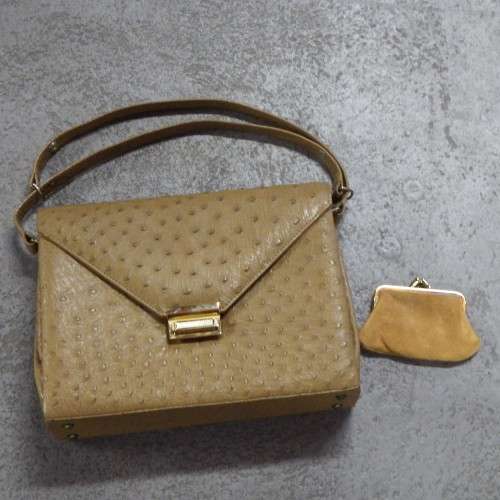 Corbeau genuine ostrich leather `The seal of quality` vintage handbag with purse - Light brown