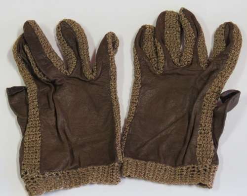Brown leather and crochet ladies gloves