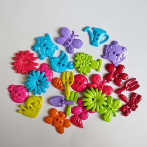 Lot of different bright colour garden themed buttons - 24 Buttons