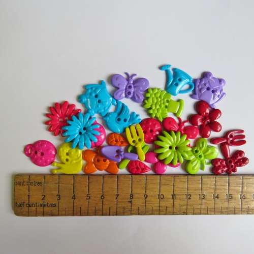 Lot of different bright colour garden themed buttons - 24 Buttons