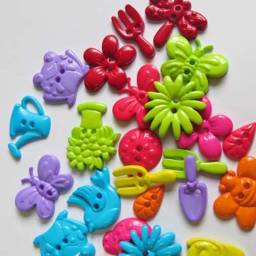 Lot of different bright colour garden themed buttons - 24 Buttons