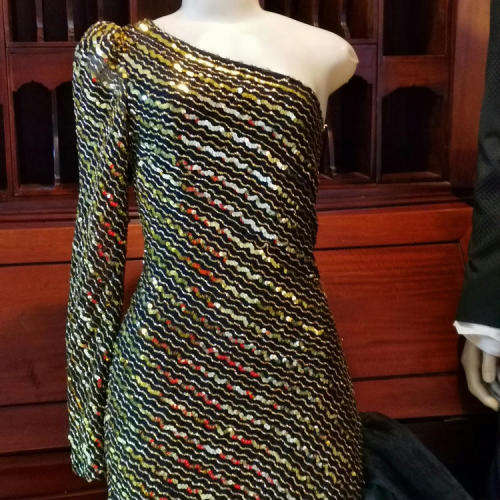 Exceptional One sleeve Black and Gold evening dress