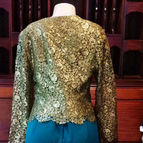 Leonard Joubert Couturiet emerald green evening dresswith gold lace