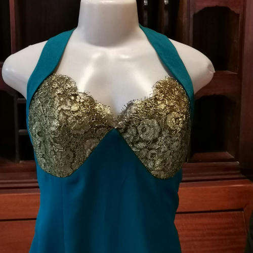 Leonard Joubert Couturiet emerald green evening dresswith gold lace