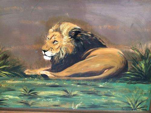 Lion painting on copper plate in frame - by Pat Hesketh