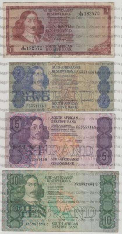 Lot of 4 old South African banknotes - one, two, five and ten rand notes- all different governors