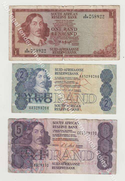 Lot of 3 old South African banknotes - one rand, two rand and five rand - all different governors