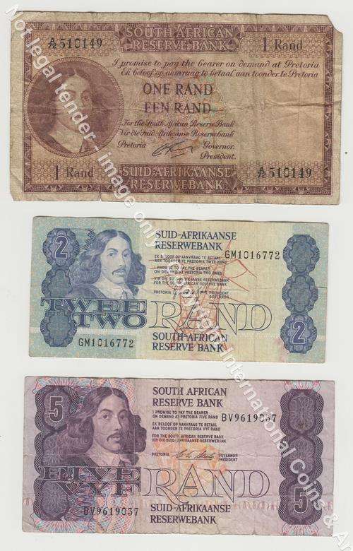 Lot of 3 old South African banknotes - one rand, two rand and five rand notes
