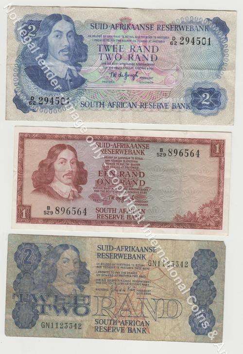 Lot of 3 old South African banknotes - one rand and 2 two rand notes as per scan