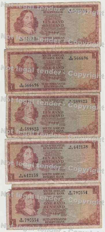 Lot of 5 old South African banknotes - one rand notes - as per scan