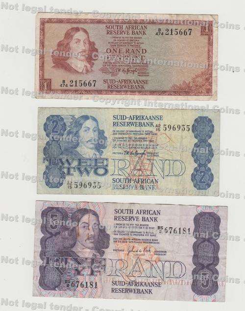 Lot of 6 old South African banknotes - one, two, five, ten, twenty, fifty rand notes - as per scan
