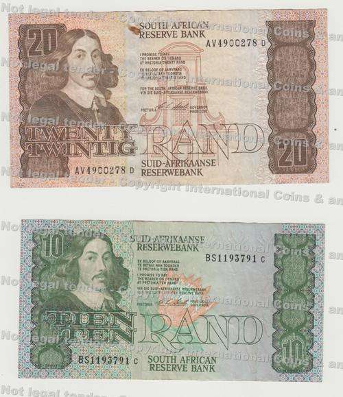 Lot of 5 old South African banknotes - one, two, five, ten and twenty rand notes - as per scan