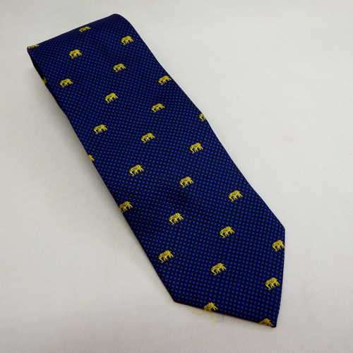 Blue 100 % silk tie with yellow elephant pattern