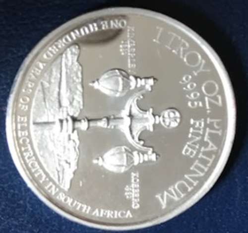 pdixon only Platinum 0.995 1oz  100 years of electricity in South Africa medallion coin
