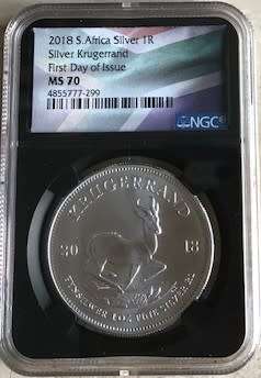 2018 Unc Silver Krugerrand MS70 First day of Isue NGC graded Black label with South Africa Flag