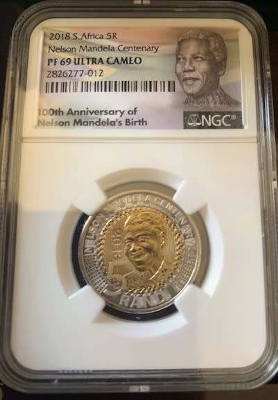 2018 Mandela Centenary 3 coin set with NGC Graded proof R5 PF69 UC, Silver and Bronze R50 with COA