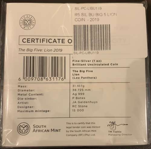 2019 Silver R5 Brilliant Uncirculated 1oz Coin Big 5 Lion South Africa Sold Out at SA Mint