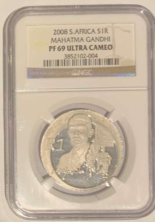 2008 Mahatma Gandhi R1 Silver Protea coin NGC graded PF69 Ultra Cameo