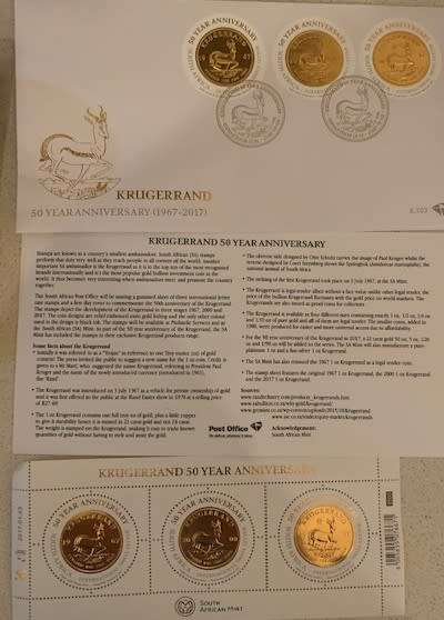 RARE and UNIQUE SA MINT 2017 Mintmarked Krugerrand 50th anniversary 1oz Silver coin PU AND stamp set