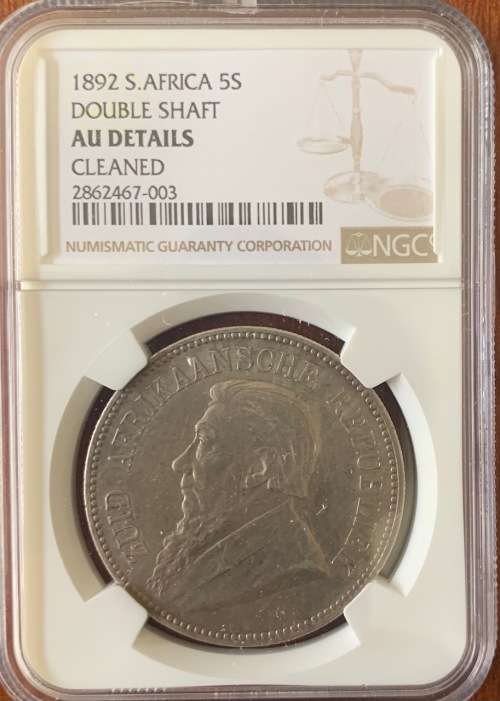 RARE 1892 ZAR 5 SHILLING DOUBLE SHAFT NGC GRADED AU DETAILS - Cleaned SILVER COIN ONLY 4327 minted