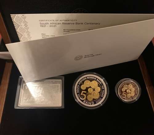 2021 100 yr Reserve Bank Proof R5 coin silver R5 Crown gold plated, banknote set