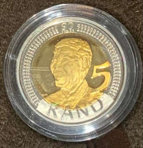 2008 Mandela 90th Birthday 1/2oz 24ct gold and 8.9g Silver bi metal medallion and proof R5 coin set