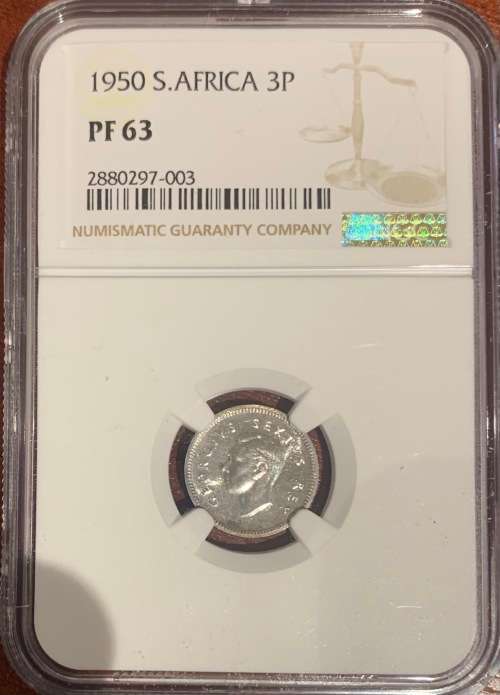 RARE 1950 Proof 3p tickey Union South Africa coin NGC PF63 only 500 minted