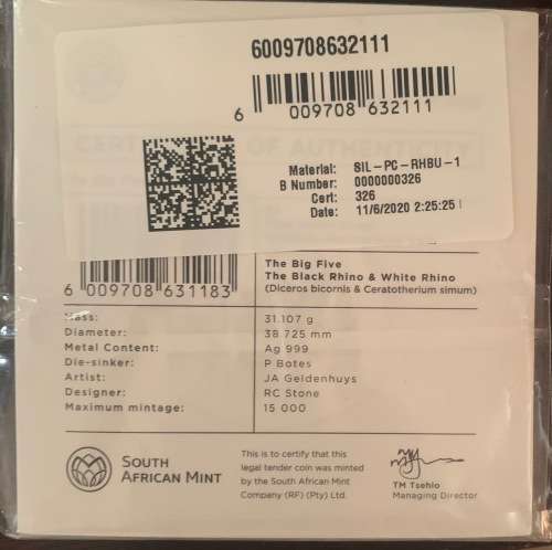 Complete 5 X BU 1oz Silver coin Series 1 Blister pack collection Elephant, Lion, Leopard, Rhino, Buf