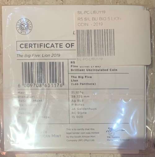 Complete 5 X BU 1oz Silver coin Series 1 Blister pack collection Elephant, Lion, Leopard, Rhino, Buf