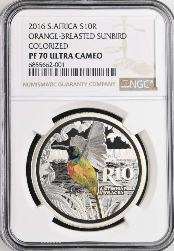 2016 Proof R10 Orange Breasted Sunbird NGC PF70 Silver colour coin - Most Sought after PERFECT