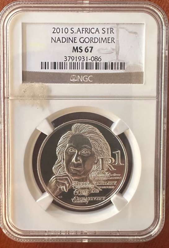 2010 South Africa R1 Silver coin UNC NGC MS67 Nadine Gordimer - 0nly 2 better V High Grade