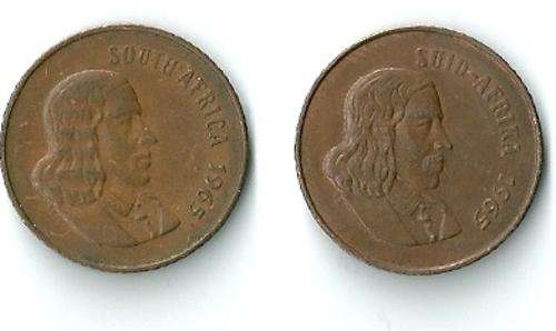 1965 South African 2 cents English and Afrikaans coin