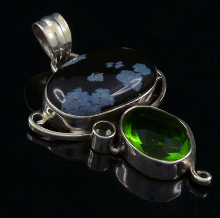 FABULOUS Snow Flake OBSIDIAN & Faceted PERIDOT Sterling Silver PENDANT