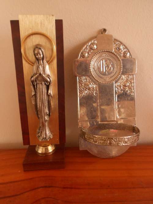 LOOK HELEN! Vintage, Religious, (Catholic) Metal Madonna Stand & Holy Water Backplate, Bid for both
