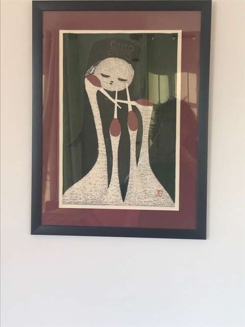 Framed Japanese Modernist Woodblock Print  "Girl with Three Cranes" by Kauro Kawano (1916-1965)