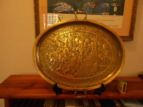 Beautiful Vintage Two-Handled Brass Tray, Persian/Indian, Repousse, High Relief Decoration, VG Con